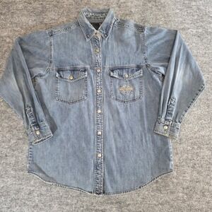 VTG Harley Davidson Denim Snap Button Shirt Womens Large Blue Embroidery Pocket